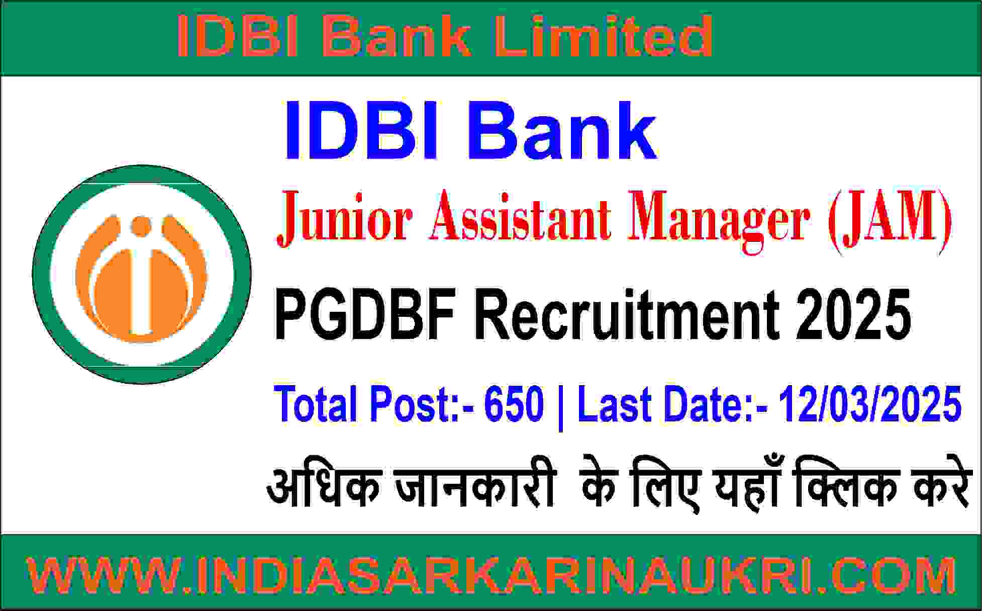 IDBI Bank Junior Assistant Manager Recruitment 2025  Released Declared for 650 Posts